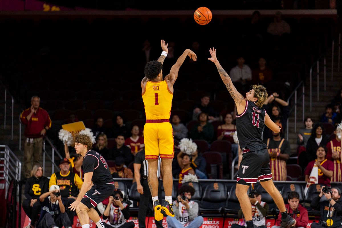 USC Trojans guard Rodney Rice (1) takes a three during an NCAA basketball game against the Troy Trojans, Thursday November 20th, 2025 in Los Angeles, California. 