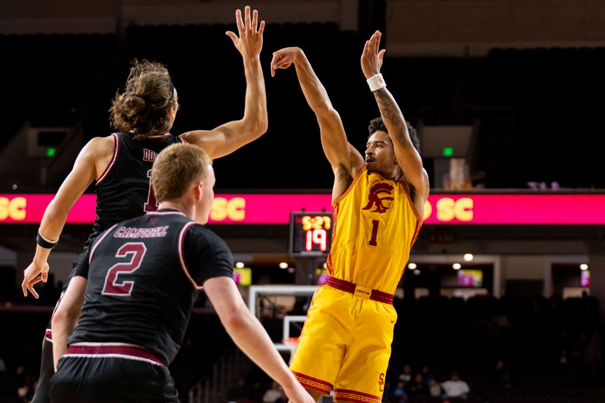 USC Trojans guard Rodney Rice (1) shoots a fadeaway jumper during an NCAA basketball game against the Troy Trojans, Thursday November 20th, 2025 in Los Angeles, California. 