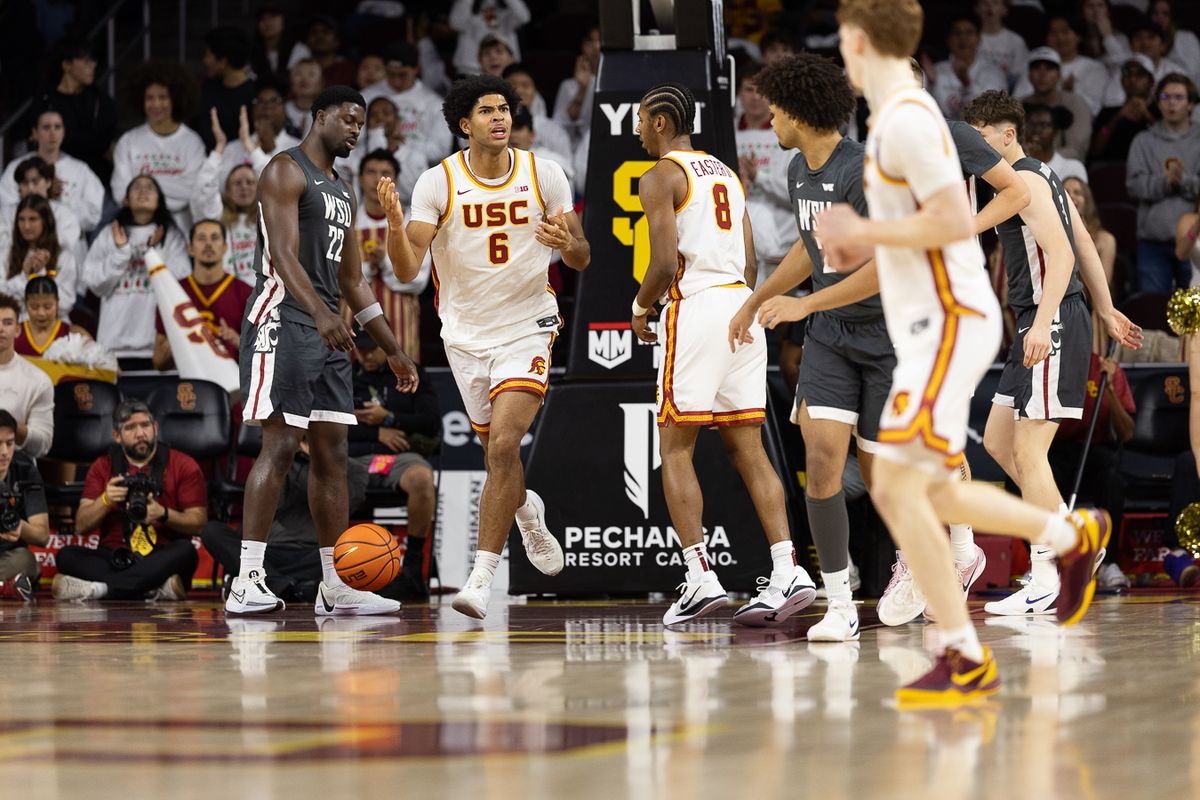 USC forward Jacob Cofie (6) reacts during a Big Ten Conference college basketball game against the Washington State Cougars, Sunday December 14, 2025 in Los Angeles, Calif.