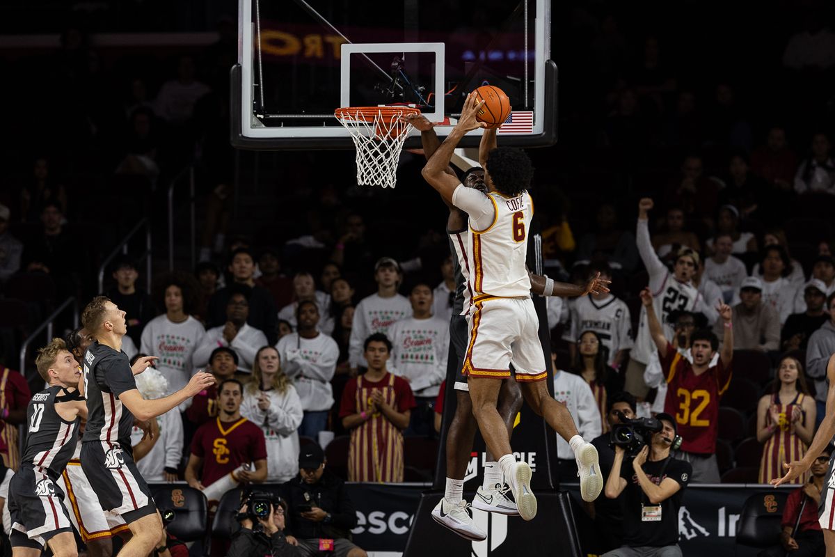 USC forward Jacob Cofie (6) shoots during a Big Ten Conference college basketball game against the Washington State Cougars, Sunday December 14, 2025 in Los Angeles, Calif.