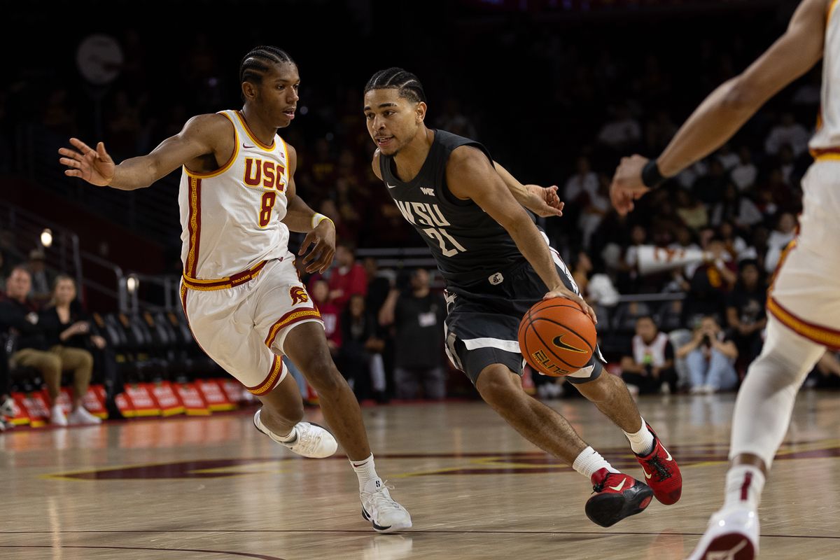 USC guard Jerry Easter II (8) defends during a Big Ten Conference college basketball game against the Washington State Cougars, Sunday December 14, 2025 in Los Angeles, Calif.