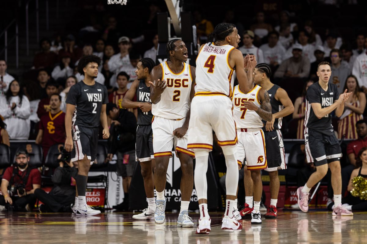 USC forward Ezra Ausar (2) reacts during a Big Ten Conference college basketball game against the Washington State Cougars, Sunday December 14, 2025 in Los Angeles, Calif.