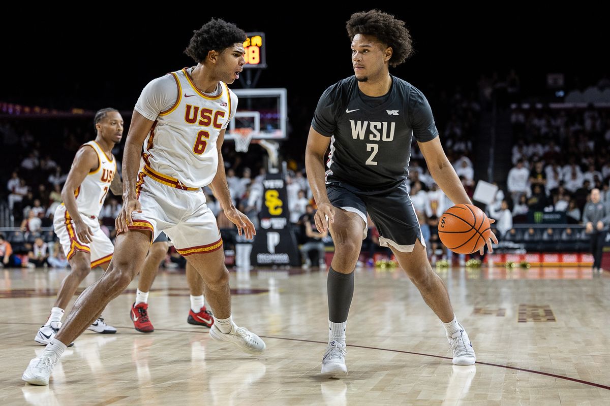 USC forward Jacob Cofie (6) defends during a Big Ten Conference college basketball game against the Washington State Cougars, Sunday December 14, 2025 in Los Angeles, Calif.