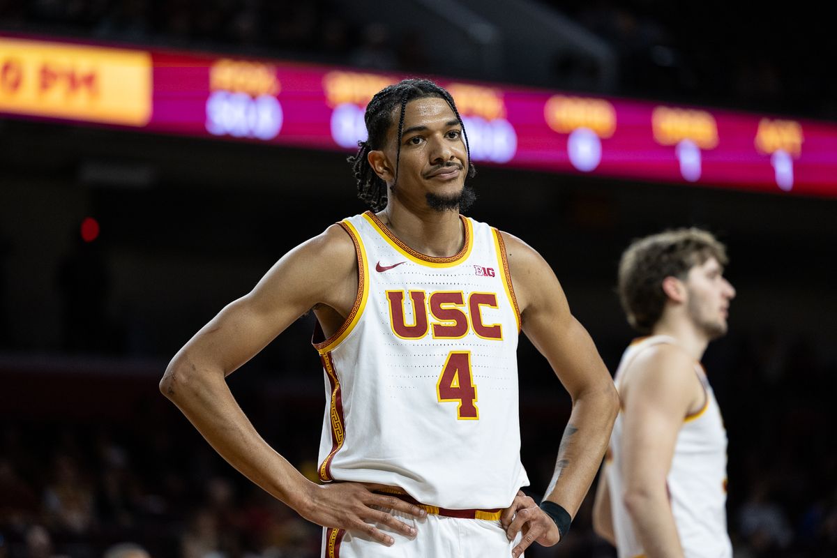USC guard Chad Baker-Mazara (4) reacts during a Big Ten Conference college basketball game against the Washington State Cougars, Sunday December 14, 2025 in Los Angeles, Calif.