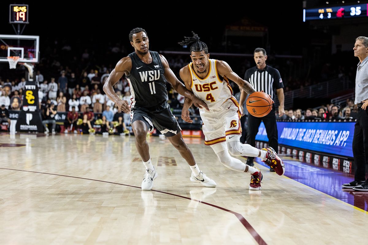 USC guard Chad Baker-Mazara (4) dribbles during a Big Ten Conference college basketball game against the Washington State Cougars, Sunday December 14, 2025 in Los Angeles, Calif.