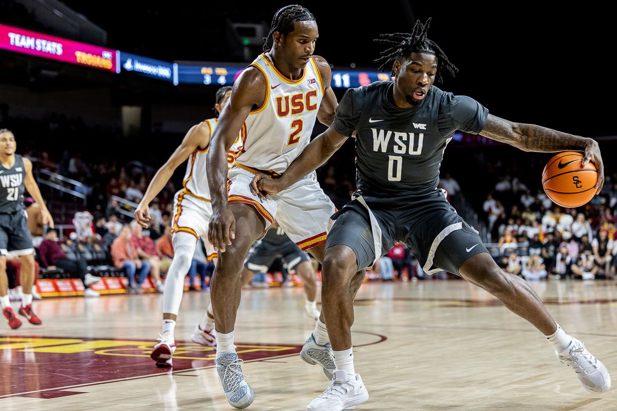 USC forward Ezra Ausar (2) defends during a Big Ten Conference college basketball game against the Washington State Cougars, Sunday December 14, 2025 in Los Angeles, Calif.
