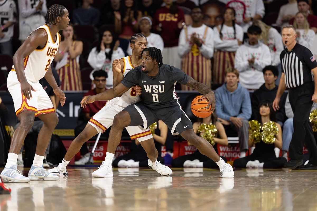 USC guard Jerry Easter II (8) defends during a Big Ten Conference college basketball game against the Washington State Cougars, Sunday December 14, 2025 in Los Angeles, Calif.