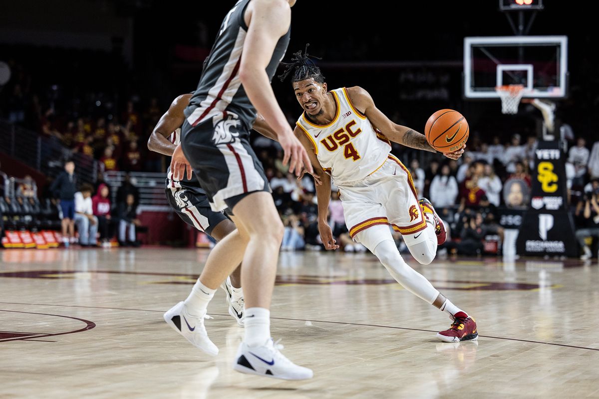 USC guard Chad Baker-Mazara (4) dribbles during a Big Ten Conference college basketball game against the Washington State Cougars, Sunday December 14, 2025 in Los Angeles, Calif.