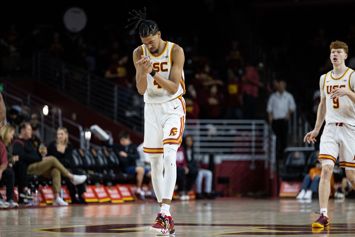USC guard Chad Baker-Mazara (4) reacts during a Big Ten Conference college basketball game against the Washington State Cougars, Sunday December 14, 2025 in Los Angeles, Calif.