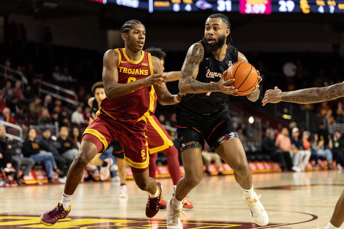 USC guard Jerry Easter II (8) defends during a Big Ten Conference college basketball game against the UTSA Roadrunners, Wednesday December 17, 2025 in Los Angeles, Calif.