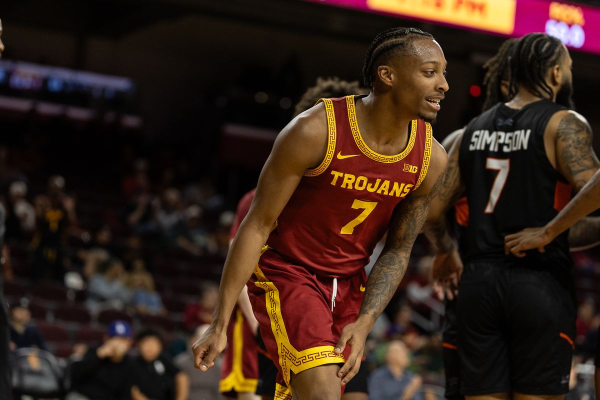 USC guard Jordan Marsh (7) celebrates during a Big Ten Conference college basketball game against the UTSA Roadrunners, Wednesday December 17, 2025 in Los Angeles, Calif.
