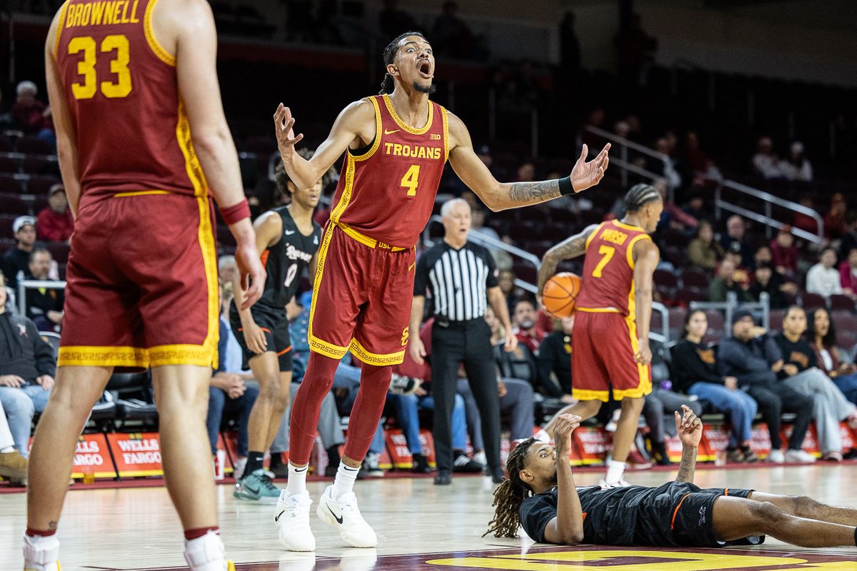 USC guard Chad Baker-Mazara (4) reacts during a Big Ten Conference college basketball game against the UTSA Roadrunners, Wednesday December 17, 2025 in Los Angeles, Calif.