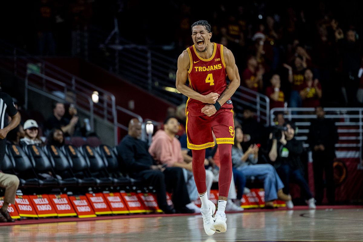 USC guard Chad Baker-Mazara (4) celebrates during a Big Ten Conference college basketball game against the UTSA Roadrunners, Wednesday December 17, 2025 in Los Angeles, Calif.