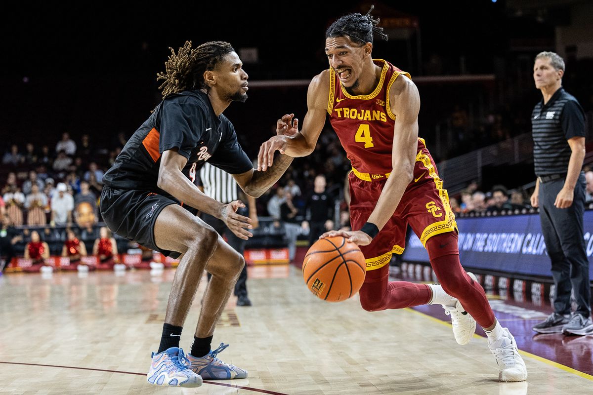 USC guard Chad Baker-Mazara (4) dribbles the ball during a Big Ten Conference college basketball game against the UTSA Roadrunners, Wednesday December 17, 2025 in Los Angeles, Calif.