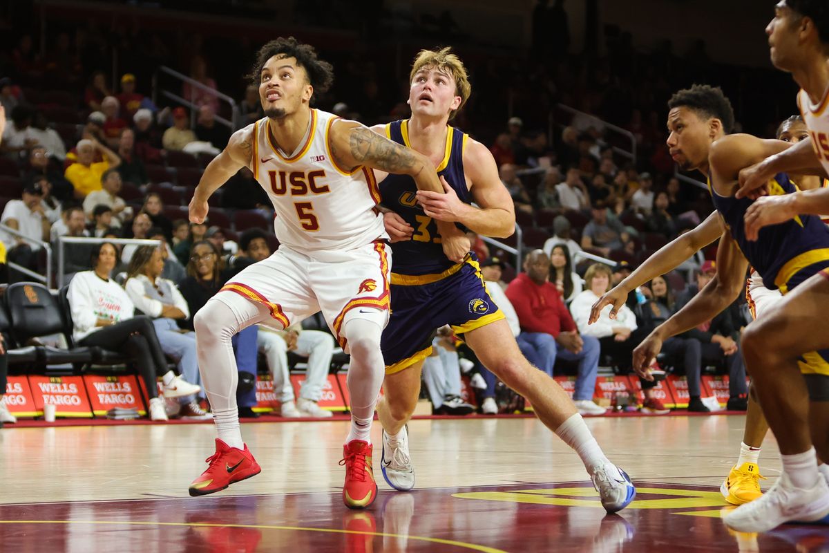 #5 F Terrance Williams II of USC battles for position during a NCAA basketball against UC Santa Cruz on December 21, 2025 in Los Angeles, CA.