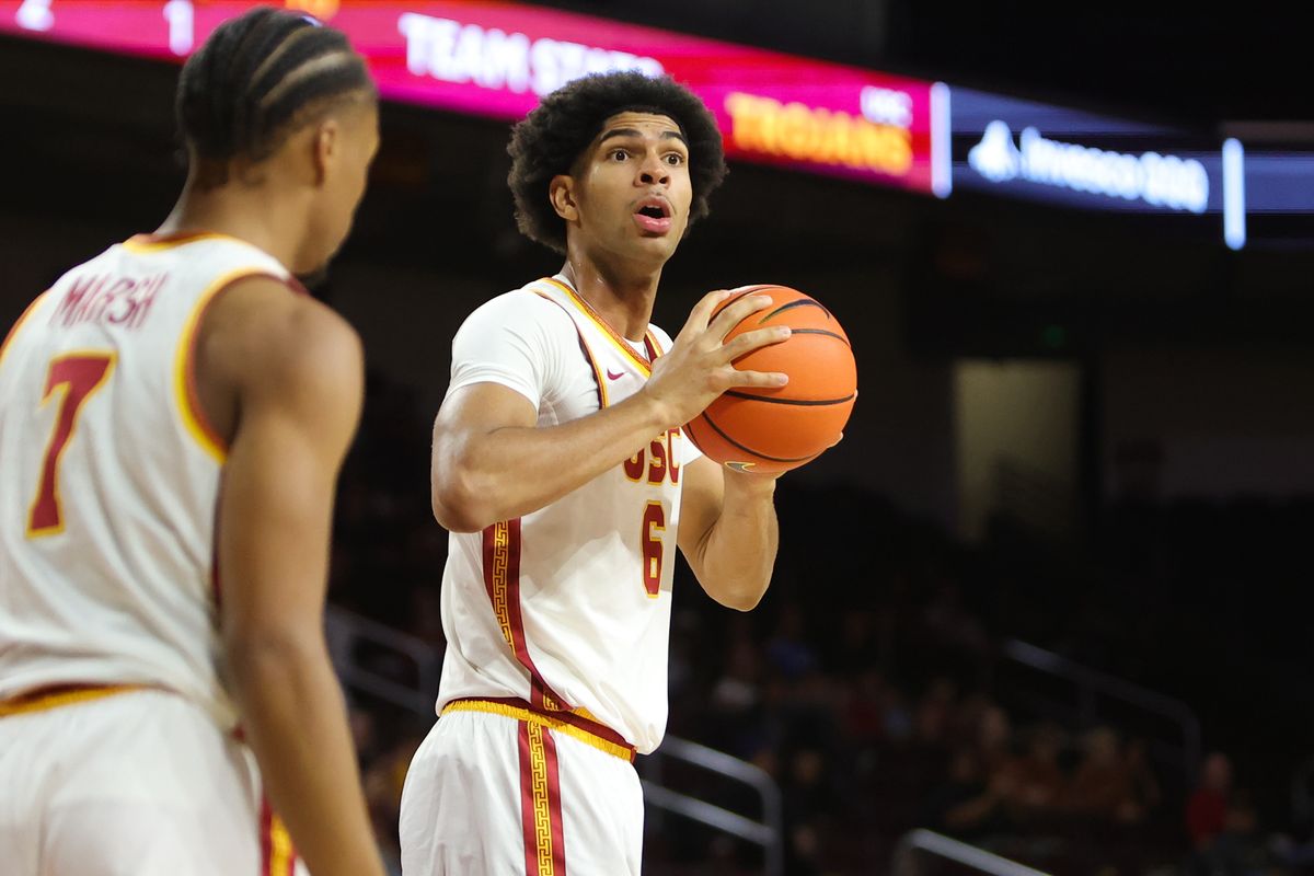 #6 F Jacob Cofie of USC reacts to a referees call during a NCAA basketball against UC Santa Cruz on December 21, 2025 in Los Angeles, CA.