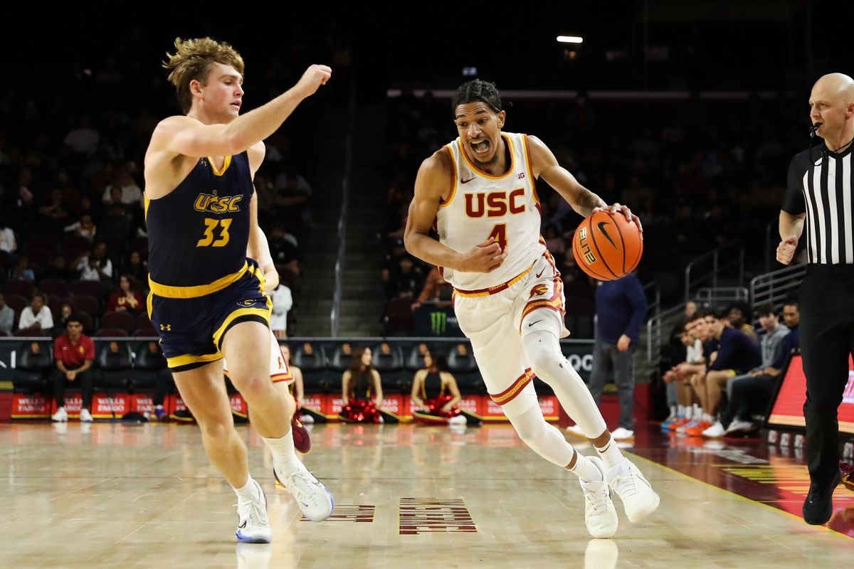 #4 G/F Chad Baker-Mazara of USC drives the lane during a NCAA basketball against UC Santa Cruz on December 21, 2025 in Los Angeles, CA.