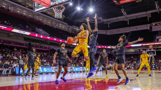 USC Trojans forward Saint Thomas (1) runs for a layup during the game against the California Golden Bears on Sunday, November 17th, 2024, at Galen Center in Los Angeles, CA. USC Trojans forward Saint Thomas (1) runs for a layup during the game against the California Golden Bears on Sunday, November 17th, 2024, at Galen Center in Los Angeles, CA.