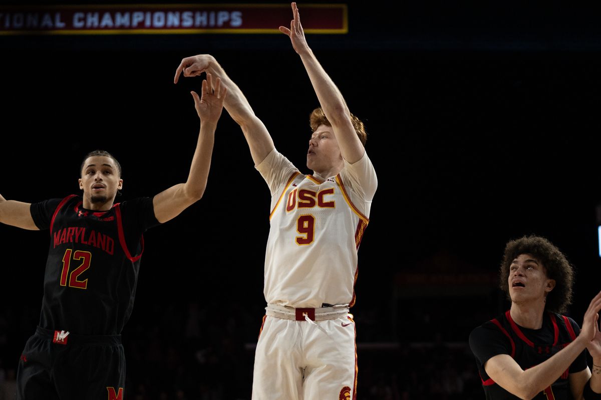 USC Trojans Guard Ryan Cornish (9) shoots a three pointer over his defender during a men's college basketball game against the Maryland Terrapins, Tuesday January 13th, 2026 at Galen Center in Los Angeles, Calif.
