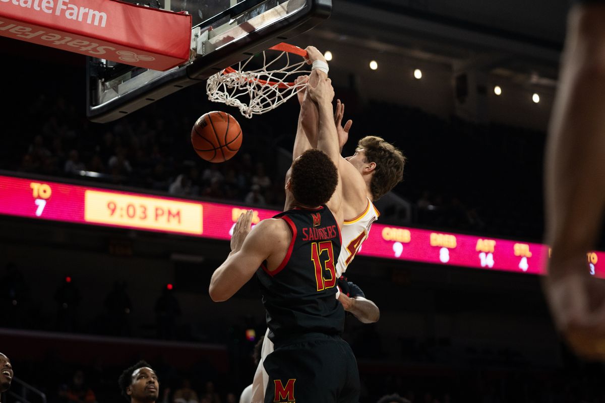 USC Trojans Center Gabe Dynes (45) dunks on his defender during a men's college basketball game against the Maryland Terrapins, Tuesday January 13th, 2026 at Galen Center in Los Angeles, Calif.