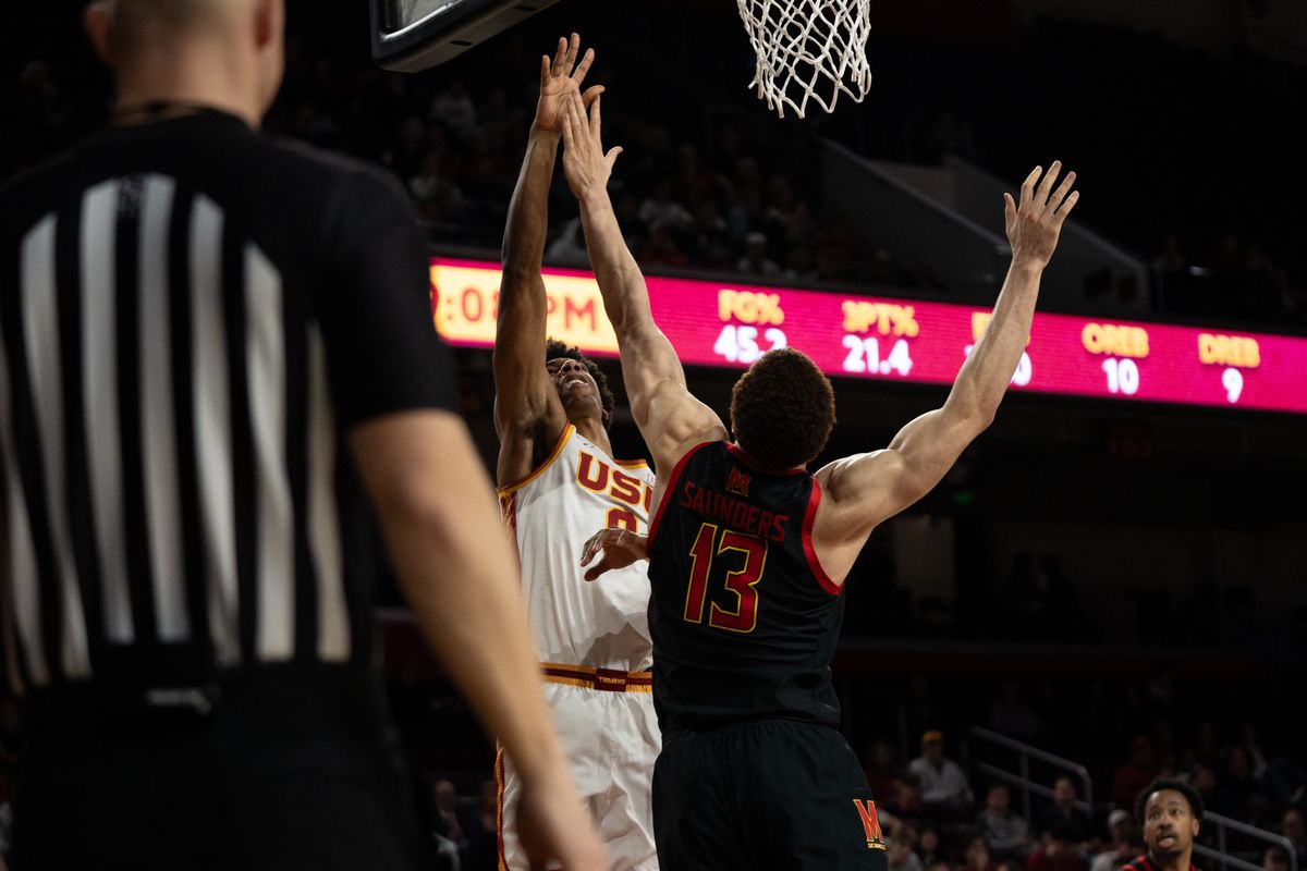 USC Trojans Guard Jerry Easter II (8) shoots a floater during a men's college basketball game against the Maryland Terrapins, Tuesday January 13th, 2026 at Galen Center in Los Angeles, Calif.