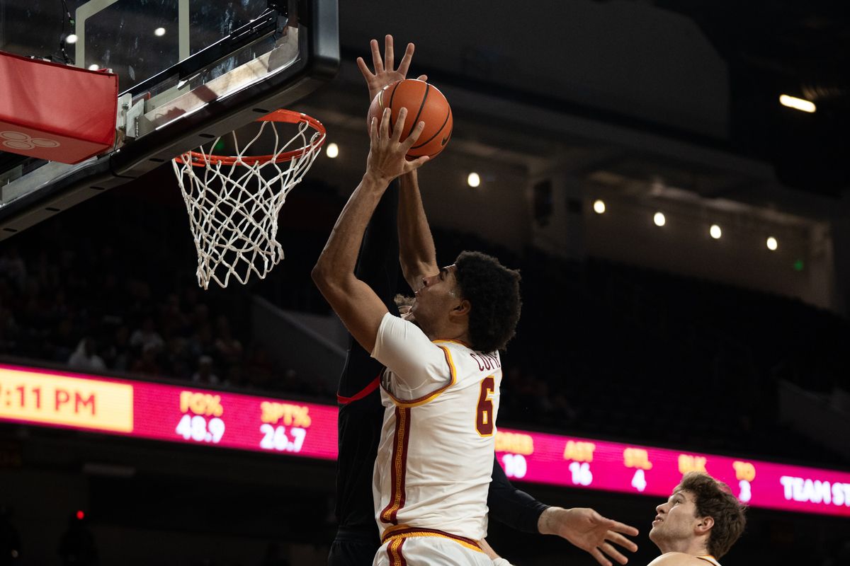 USC Trojans Forward Jacob Cofie (6) goes up and scores a strong layup during a men's college basketball game against the Maryland Terrapins, Tuesday January 13th, 2026 at Galen Center in Los Angeles, Calif.