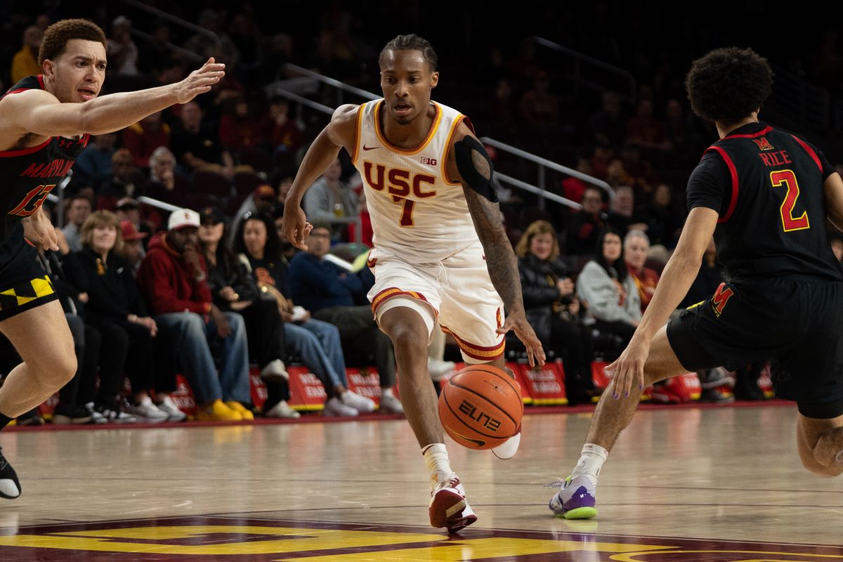 USC Trojans Guard Jordan Marsh (7) attacks the lane during a men's college basketball game against the Maryland Terrapins, Tuesday January 13th, 2026 at Galen Center in Los Angeles, Calif.