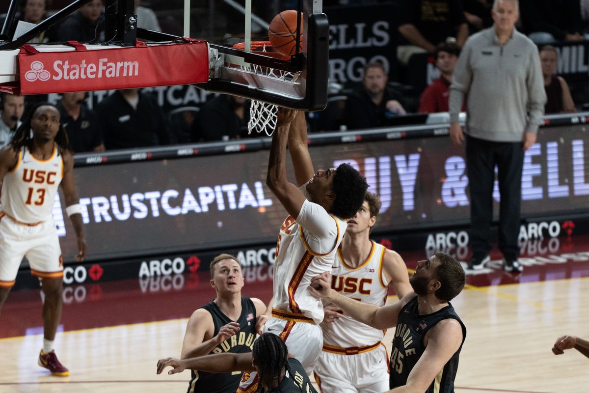 USC Trojans Forward Jacob Cofie (6) attacks the rim and scores on a layup during a men's college basketball game against the Purdue Boilermakers, Saturday January 17th, 2026 at Galen Center in Los Angeles, Calif.