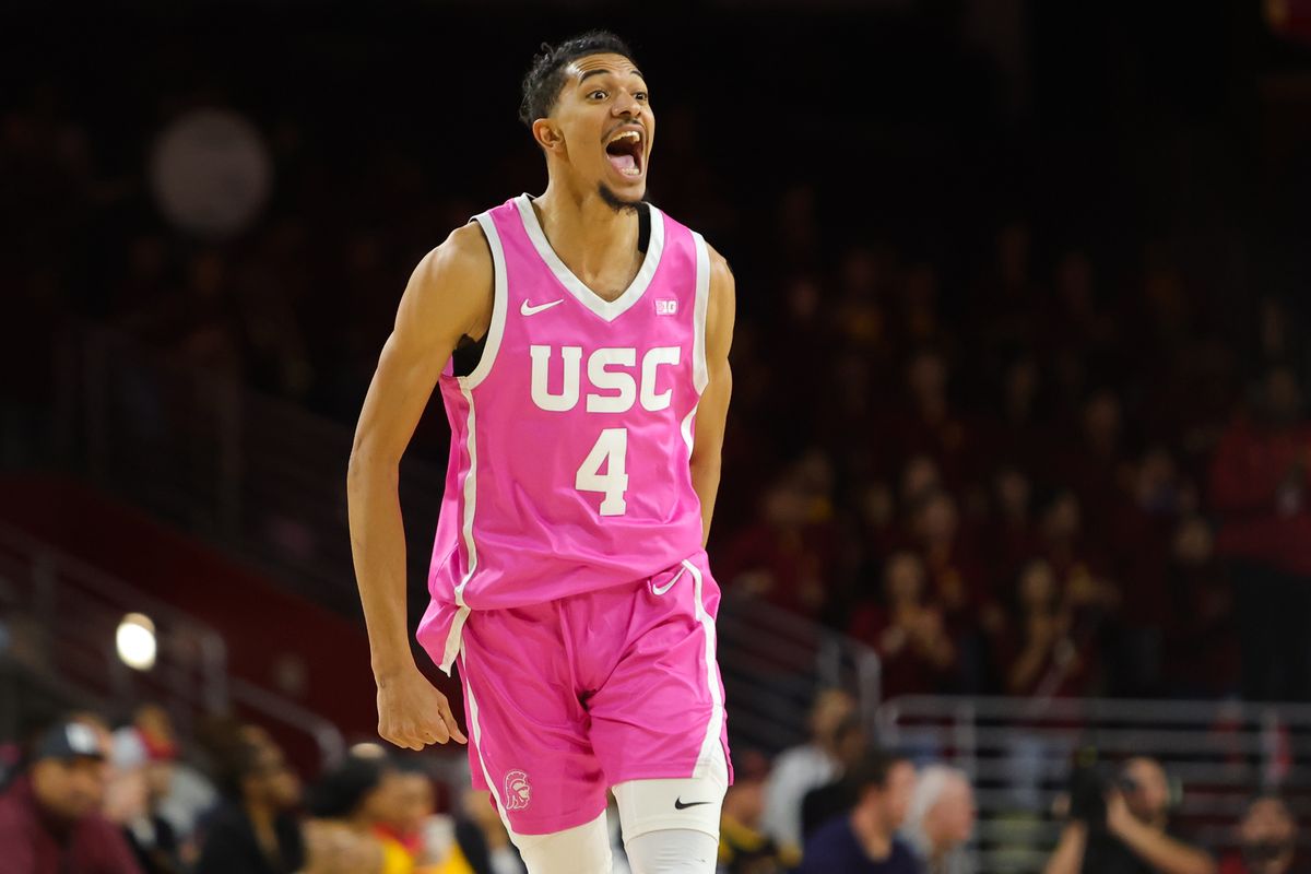 USC forward Chad Baker-Mazara (4) celebrates a made basket during an NCAA basketball game against Northwestern on January 21, 2026 in Los Angeles, CA.