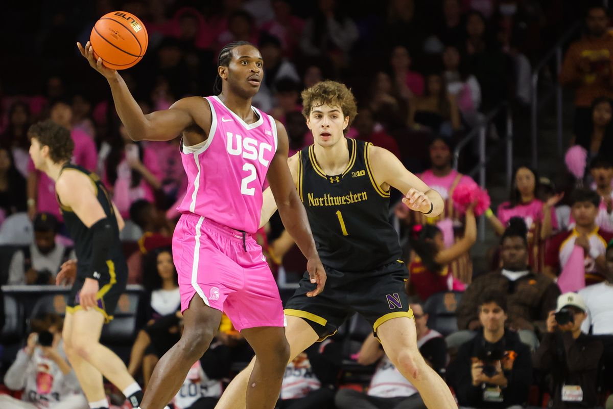 USC forward Ezra Ausar (2) looks to pass during an NCAA basketball game against Northwestern on January 21, 2026 in Los Angeles, CA.