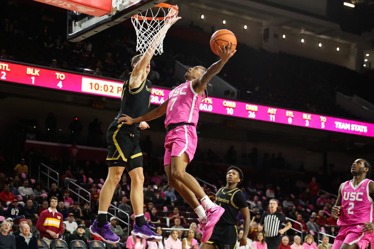 USC guard Jordan Marsh (7) drives in for a lay up during an NCAA basketball game against Northwestern on January 21, 2026 in Los Angeles, CA.