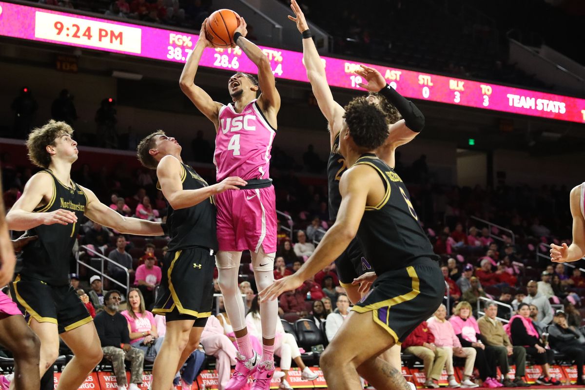 USC forward Chad Baker-Mazara (4) shoots a jump shot during an NCAA basketball game against Northwestern on January 21, 2026 in Los Angeles, CA.