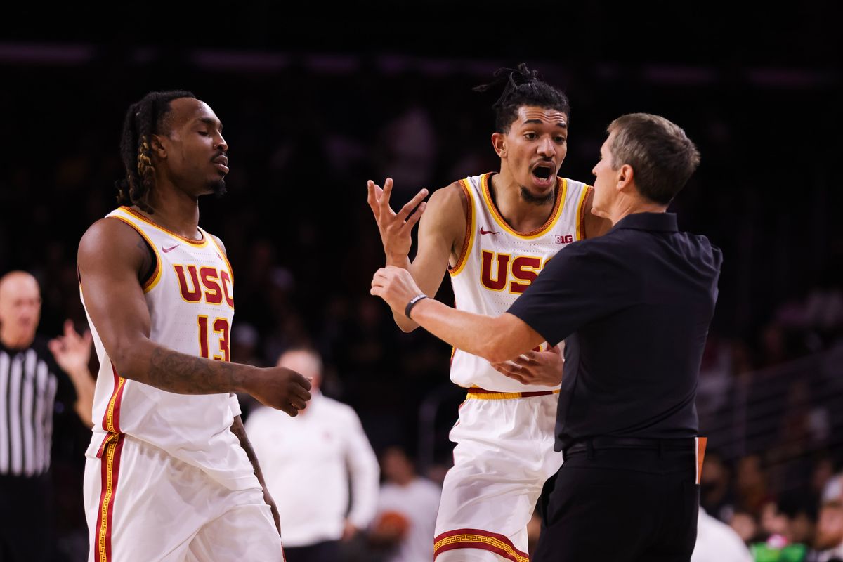 USC Trojans guard Chad Baker (4) talks to the referee during the men's college basketball game against the Indiana Hoosiers, Tuesday February 3rd, 2026 at Galen Center in Los Angeles, Calif.