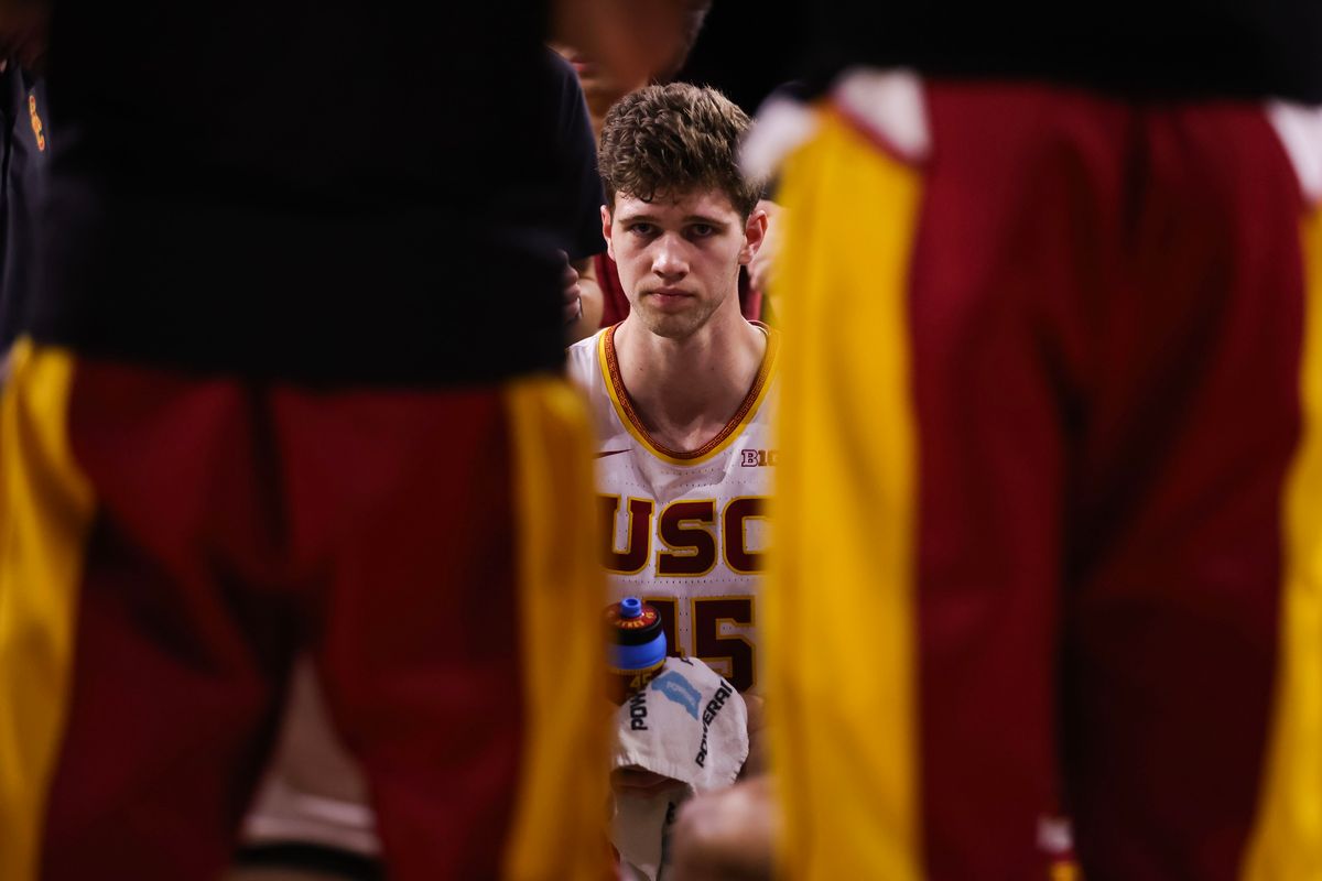 USC Trojans center Gabe Dynes (45) sits during the men's college basketball game against the Indiana Hoosiers, Tuesday February 3rd, 2026 at Galen Center in Los Angeles, Calif.