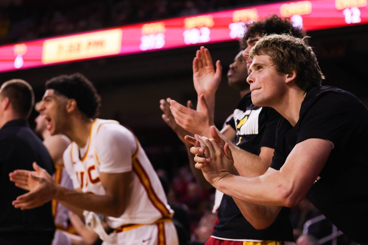 USC Trojans bench cheers during the men's college basketball game against the Indiana Hoosiers, Tuesday February 3rd, 2026 at Galen Center in Los Angeles, Calif.