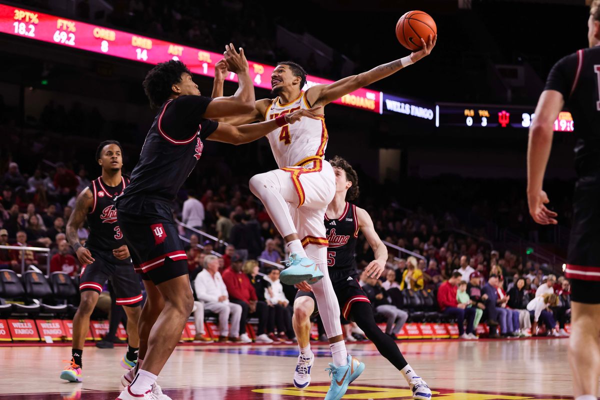 USC Trojans guard Chad Baker (4) with the ball during the men's college basketball game against the Indiana Hoosiers, Tuesday February 3rd, 2026 at Galen Center in Los Angeles, Calif.