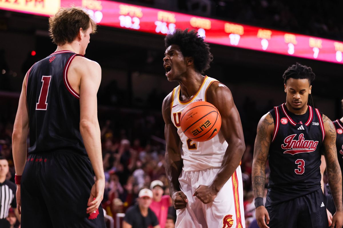 USC Trojans forward Ezra Ausar (2) reacts during the men's college basketball game against the Indiana Hoosiers, Tuesday February 3rd, 2026 at Galen Center in Los Angeles, Calif.