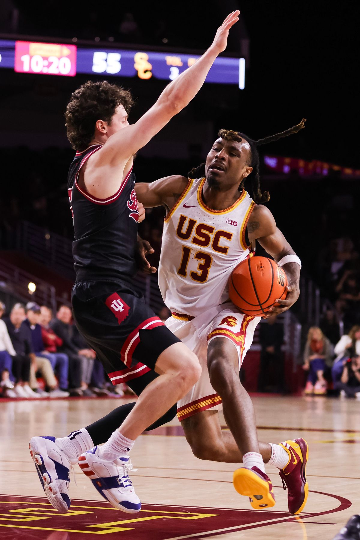 USC Trojans guard Kam Woods (13) with the ball during the men's college basketball game against the Indiana Hoosiers, Tuesday February 3rd, 2026 at Galen Center in Los Angeles, Calif.