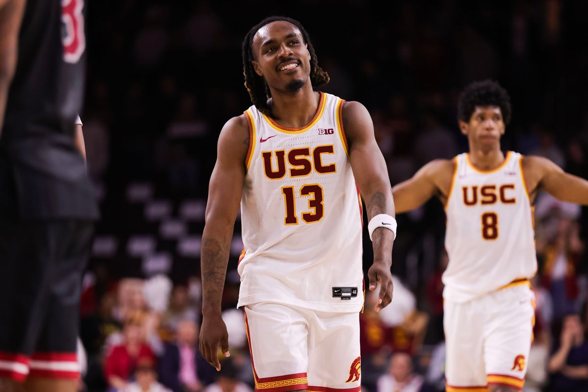 USC Trojans guard Kam Woods (13) smiles during the men's college basketball game against the Indiana Hoosiers, Tuesday February 3rd, 2026 at Galen Center in Los Angeles, Calif.