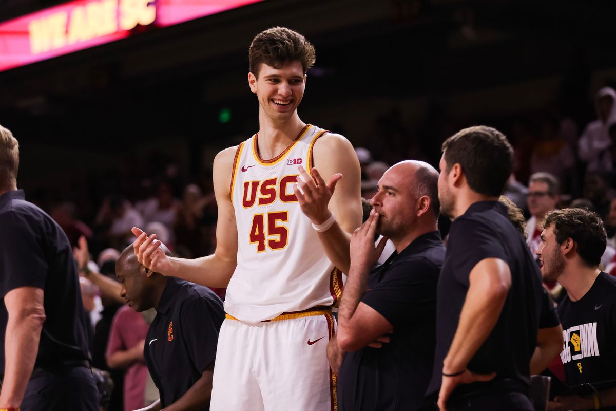 USC Trojans center Gabe Dynes (45) talks to coaches during the men's college basketball game against the Indiana Hoosiers, Tuesday February 3rd, 2026 at Galen Center in Los Angeles, Calif.