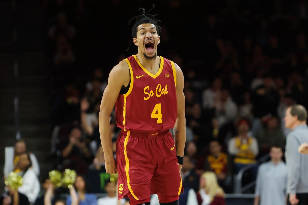 USC forward Chad Baker-Mazara (4) celebrates a made basket during an NCAA basketball game against Oregon on February 21, 2026 in Los Angeles, CA. USC forward Chad Baker-Mazara (4) celebrates a made basket during an NCAA basketball game against Oregon on February 21, 2026 in Los Angeles, CA.
