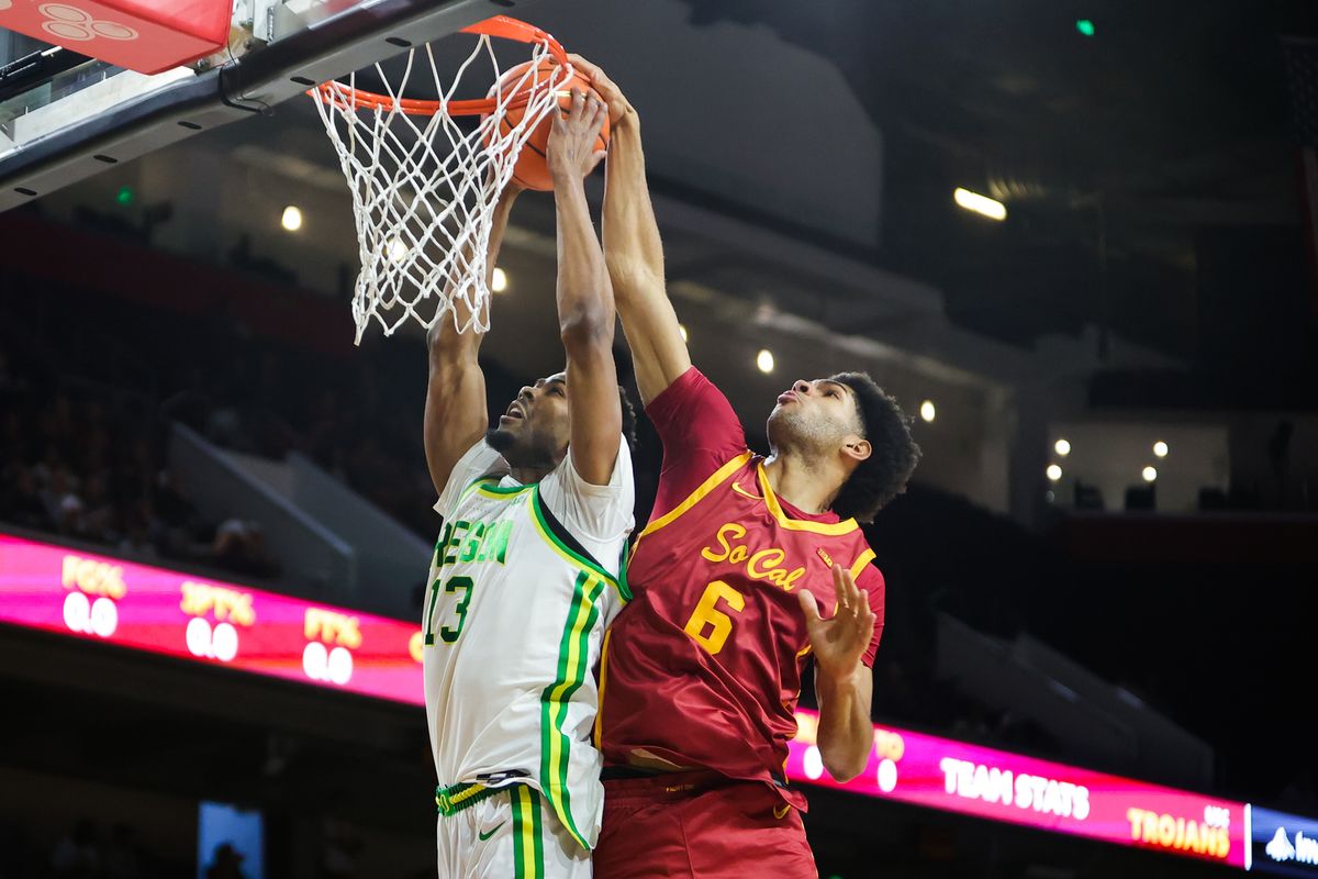 USC forward Jacob Cofie (6) blocks a shot during an NCAA basketball game against Oregon on February 21, 2026 in Los Angeles, CA. USC forward Jacob Cofie (6) blocks a shot during an NCAA basketball game against Oregon on February 21, 2026 in Los Angeles, CA.