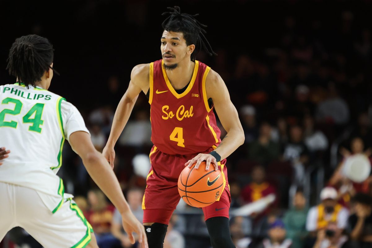USC forward Chad Baker-Mazara (4) dribbles the basketball during an NCAA basketball game against Oregon on February 21, 2026 in Los Angeles, CA. USC forward Chad Baker-Mazara (4) dribbles the basketball during an NCAA basketball game against Oregon on February 21, 2026 in Los Angeles, CA.