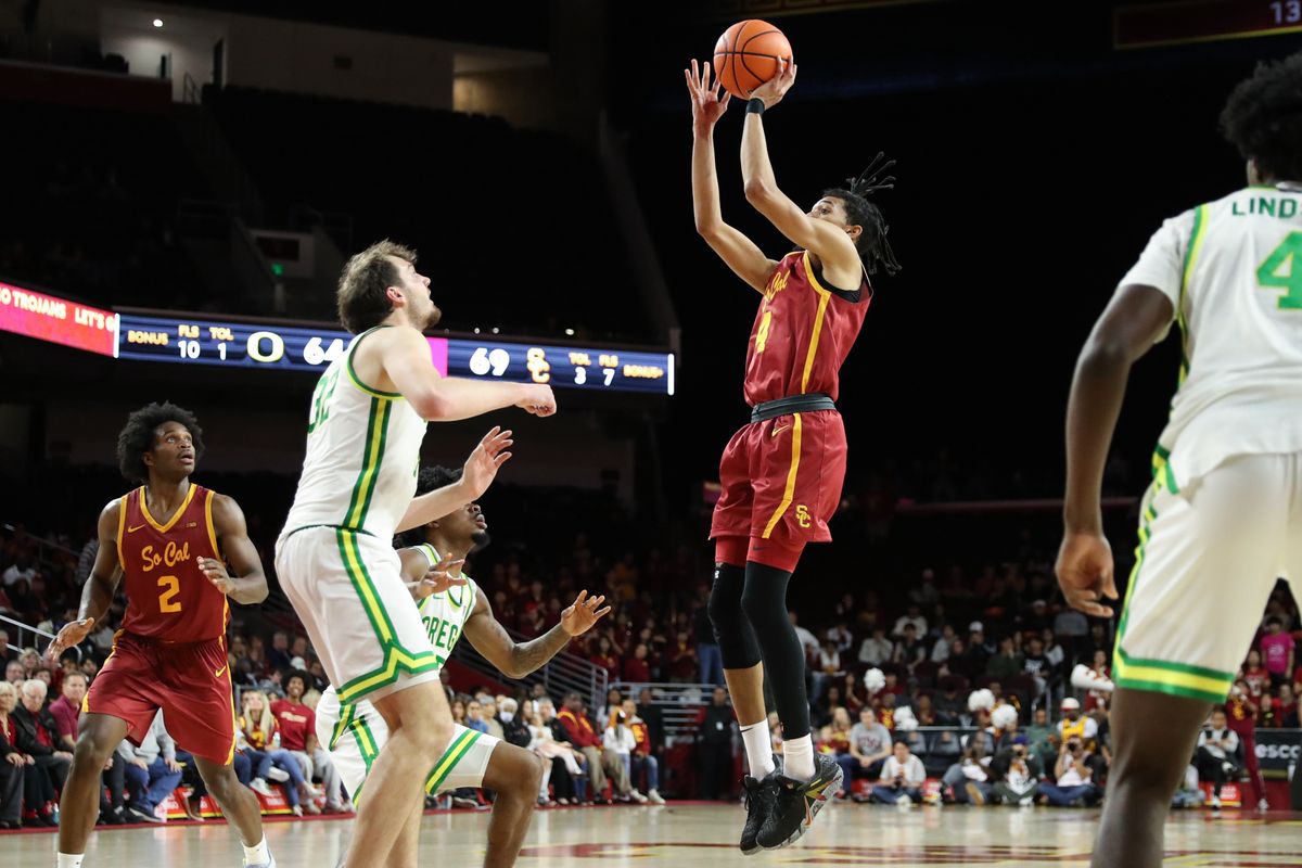 USC forward Chad Baker-Mazara (4) shoots the basketball during an NCAA basketball game against Oregon on February 21, 2026 in Los Angeles, CA. USC forward Chad Baker-Mazara (4) shoots the basketball during an NCAA basketball game against Oregon on February 21, 2026 in Los Angeles, CA.