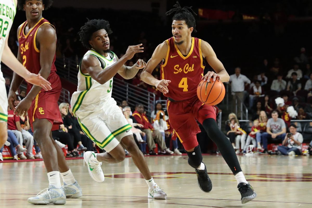 USC forward Chad Baker-Mazara (4) dribbles the basketball during an NCAA basketball game against Oregon on February 21, 2026 in Los Angeles, CA. USC forward Chad Baker-Mazara (4) dribbles the basketball during an NCAA basketball game against Oregon on February 21, 2026 in Los Angeles, CA.