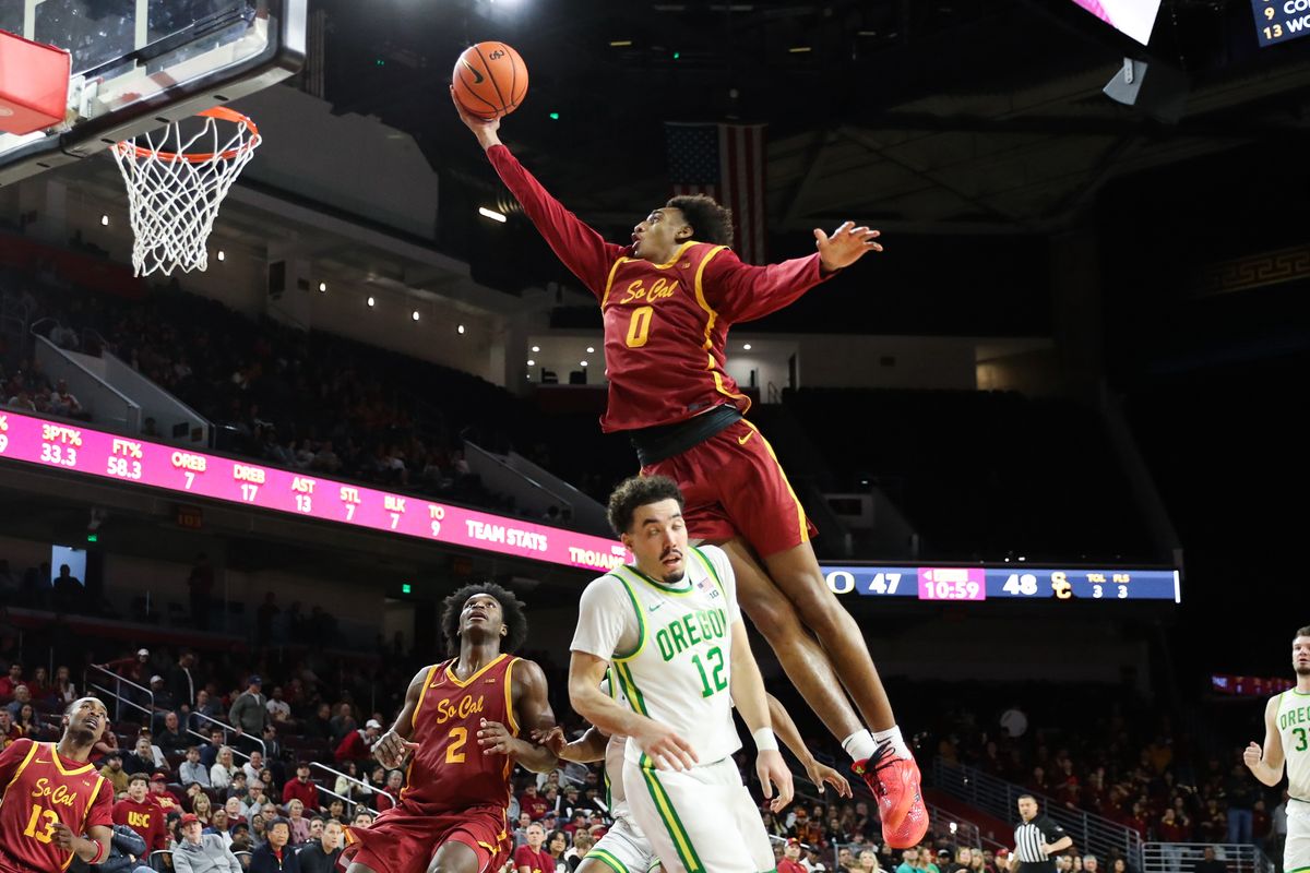 USC guard Alijah Arenas (0) attempts a lay up during an NCAA basketball game against Oregon on February 21, 2026 in Los Angeles, CA. USC guard Alijah Arenas (0) attempts a lay up during an NCAA basketball game against Oregon on February 21, 2026 in Los Angeles, CA.