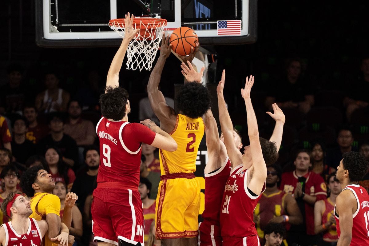 USC Trojans Forward Ezra Ausar (2) drives on three defenders and scores during a men's college basketball game against the Nebraska Cornhuskers, Saturday February 28th, 2026 at Galen Center in Los Angeles, Calif. USC Trojans Forward Ezra Ausar (2) drives on three defenders and scores during a men's college basketball game against the Nebraska Cornhuskers, Saturday February 28th, 2026 at Galen Center in Los Angeles, Calif.