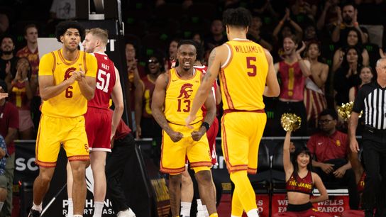 USC Trojans Guard Cam Woods (13) celebrates after getting found and scoring during a men's college basketball game against the Nebraska Cornhuskers, Saturday February 28th, 2026 at Galen Center in Los Angeles, Calif.