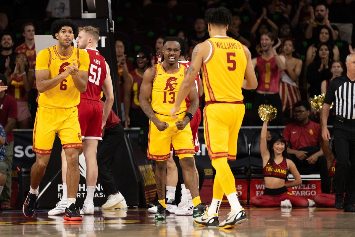 USC Trojans Guard Cam Woods (13) celebrates after getting found and scoring during a men's college basketball game against the Nebraska Cornhuskers, Saturday February 28th, 2026 at Galen Center in Los Angeles, Calif. USC Trojans Guard Cam Woods (13) celebrates after getting found and scoring during a men's college basketball game against the Nebraska Cornhuskers, Saturday February 28th, 2026 at Galen Center in Los Angeles, Calif.