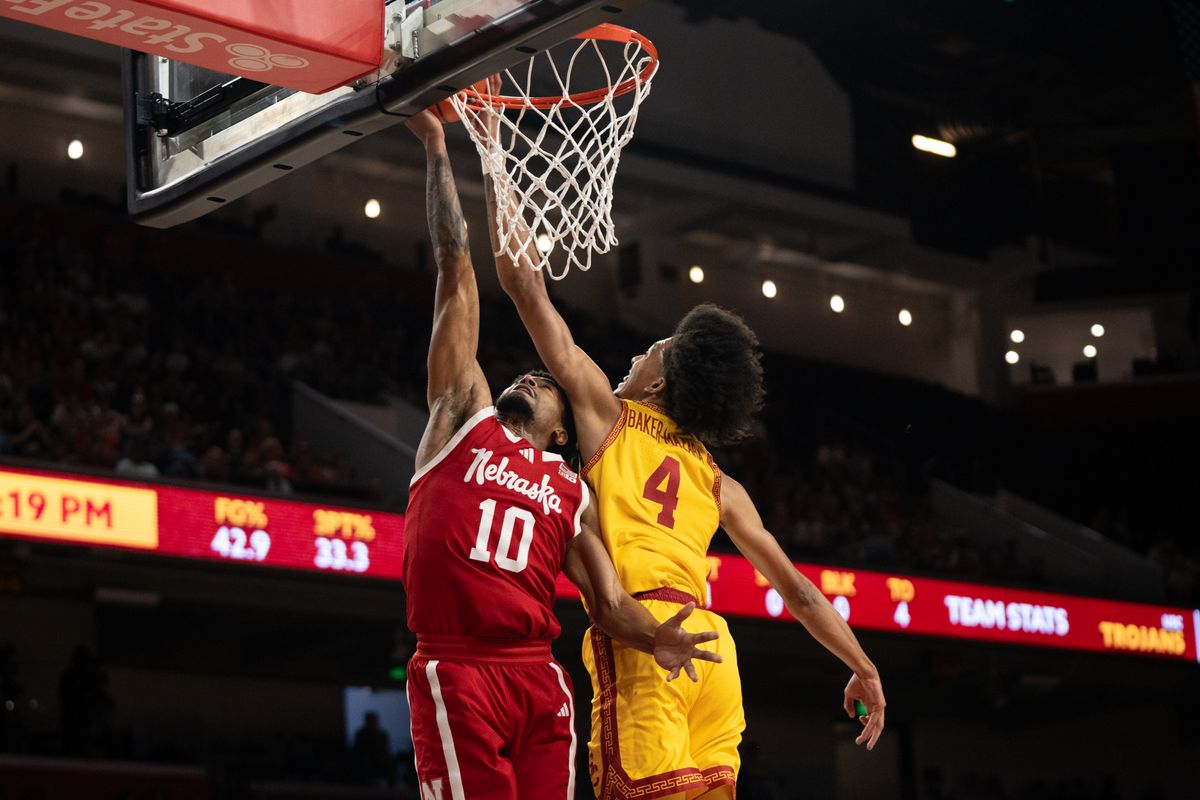 USC Trojans Guard Chad Baker-Mazara (4) blocks his opponent at the rim during a men's college basketball game against the Nebraska Cornhuskers, Saturday February 28th, 2026 at Galen Center in Los Angeles, Calif. USC Trojans Guard Chad Baker-Mazara (4) blocks his opponent at the rim during a men's college basketball game against the Nebraska Cornhuskers, Saturday February 28th, 2026 at Galen Center in Los Angeles, Calif.